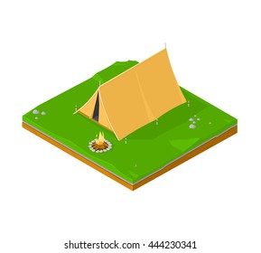 Isometric vector illustration of a camping site with tent.
Camping tent with campfire and camping site.