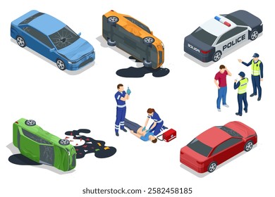 Isometric vector illustration of a car accident scene with damaged vehicles, overturned cars, police officers investigating, and paramedics providing medical aid