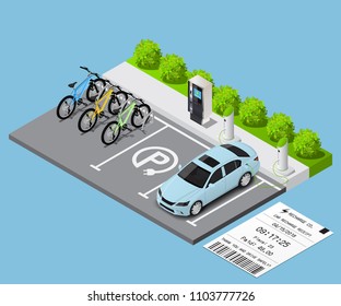 Isometric vector illustration Car and bicycles in the parking lot for recharge and ticket. Ecological transportation concept.