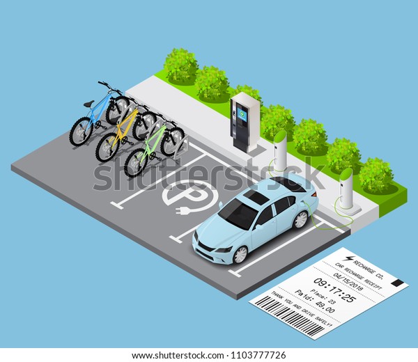 Isometric vector illustration Car and bicycles\
in the parking lot for recharge and ticket. Ecological\
transportation\
concept.