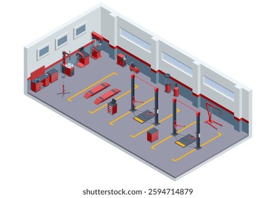 An isometric vector illustration of a car engine diagnostic test in progress, with a mechanic using advanced equipment in a tidy 3D auto repair service area.