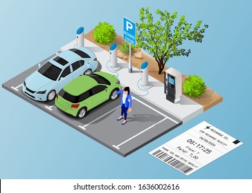 Isometric vector illustration Car and person in the parking lot for recharge and ticket. Ecological transportation concept.