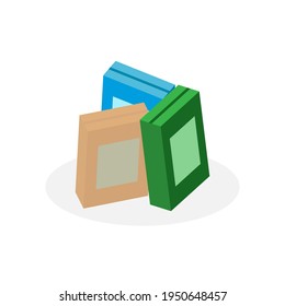 Isométrica ilustración vectorial de cajas de cartón de copos y cereales crudos