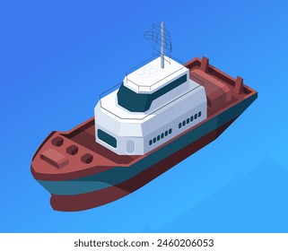 Ilustración vectorial isométrica de un buque de carga aislado sobre un fondo azul, que representa el transporte marítimo