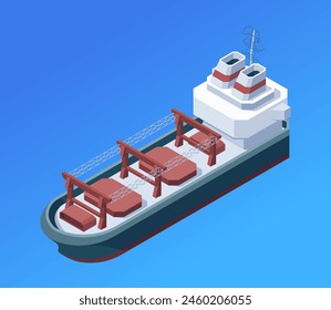 An isometric vector illustration of a cargo ship with containers on a blue background, depicting transportation concept