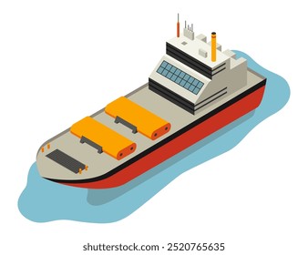 Isometric Vector Illustration of a Cargo Ship Floating on Water, representing Marine Transportation