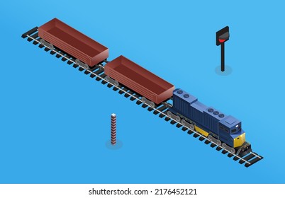 isometric vector illustration of a cargo train on rails