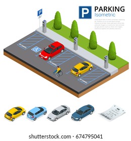 Isometric vector illustration Cars in the parking lot and Parking tickets. Flat illustration icon for web. Urban transport. parking space. Accessibility Parking zone