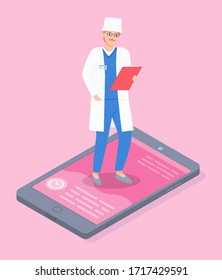 Isometric vector illustration with cartoon character. Online consultation with doctor. Virtual help, medical application for smartphones. Medicine at the distance. Web medicine concept. Pink