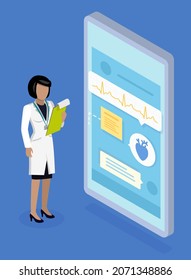 Isometric vector ilustración con caricatura. Consulta en línea con el médico. Ayuda virtual, aplicación médica para smartphones. Medicina a distancia. Medicina web, charlando con un especialista