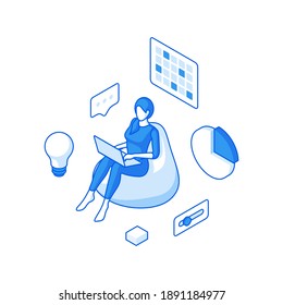 Isometric vector illustration of cartoon female entrepreneur sitting in chair and using laptop while working remotely on business project at home