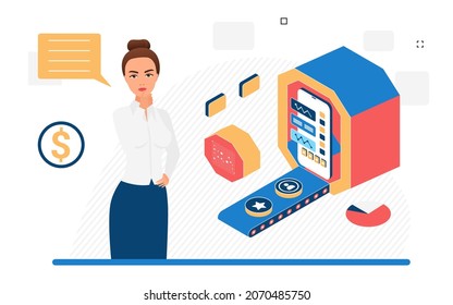 Isometric vector illustration of cartoon female manager character giving advice about online banking services for business and financial theme designs