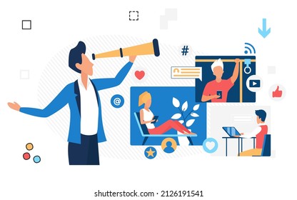 Isometric vector illustration of cartoon man doing social media marketing and online research on internet. Study monitoring social technology