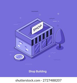 Ilustração vetorial isométrica com desenho animado edifício da loja e moeda de dólar perto dele. Conceito de vitrine de loja de varejo. Compras on-line e comércio eletrônico em estilo thin line