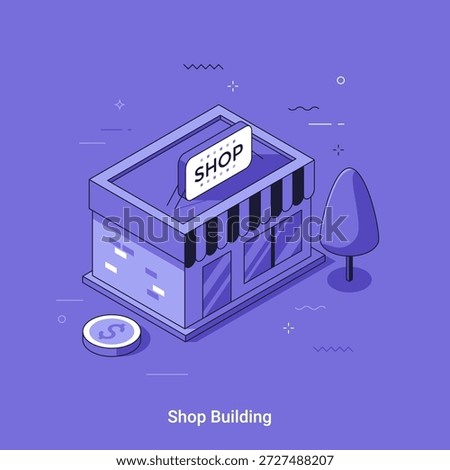 Isometric vector illustration with cartoon shop building and dollar coin near it. Retail storefront concept. Online shopping and e-commerce business in thin line style