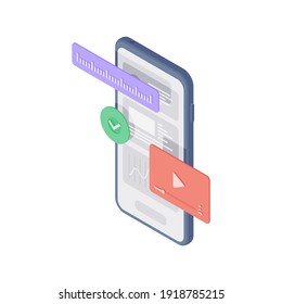 Isometric vector illustration in cartoon style of modern mobile phone with online chat voice message buttons and pictograms isolated on white background