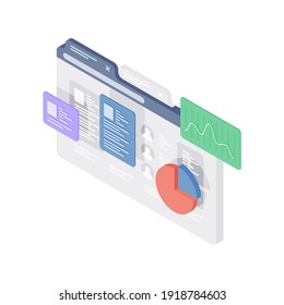 Isometric vector illustration of cartoon web page with colorful charts and diagrams for business research and development concept isolated on white background