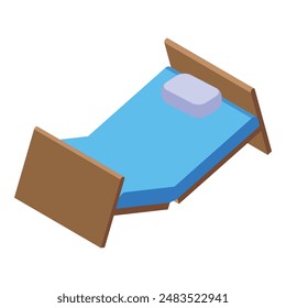 Ilustración vectorial isométrica de una cama individual de madera de dibujos animados con sábana azul y almohada, aislado sobre fondo blanco