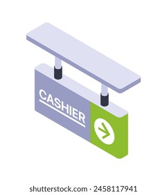 Isometric vector illustration of a cashier sign with arrow on a white background, symbolizing retail direction