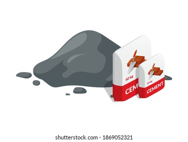 Isometric Vector Illustration Cement Pile And Bags Isolated On White Background. Heap Of Cement Colorful Vector Icon. Cement Bags In Flat Cartoon Style. Construction And Building Material.