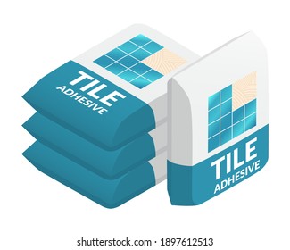 Isometric vector illustration of ceramic tile adhesive bags isolated on white background. Paper sacks vector icon. Cartoon isometric tile glue bags icon in flat cartoon style. Building materials.