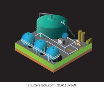 isometric vector illustration of a chemical oil refinery, factory building on black background