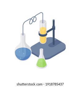 Isometric vector illustration of chemical test tube on rack near glass bottles with liquid substances representing scientific lab research and experiment isolated on white background