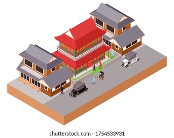 Isometric Vector Illustración de la tradicional China clásica edificio de templos y casa de estar con auto clásico en la calle