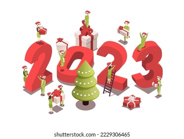 Isometric vector illustration for christmas and new year. Celebration concept. People prepare for the holiday, prepare gifts.

