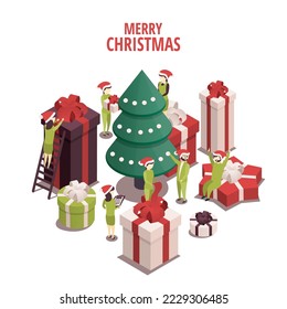 Isometric vector illustration for christmas and new year. Celebration concept. People prepare for the holiday, prepare gifts.
