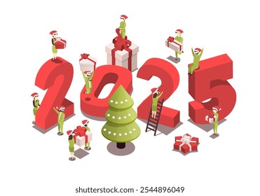 Isometric vector illustration for christmas and new year. Celebration concept. People prepare for the holiday, prepare gifts.
