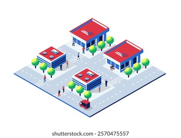 Isometric vector illustration of a city with buildings, trees, roads, pedestrians, and a delivery truck