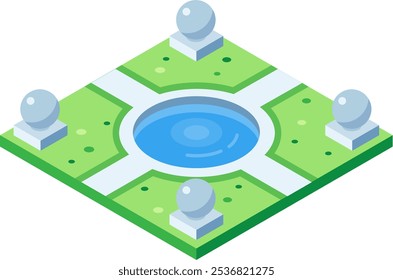 Isometrische vectorillustratie van een stadspark met een vijver, paden, gras en decoratieve sferen, ideaal voor stedelijke planning en landschapsconcepten
