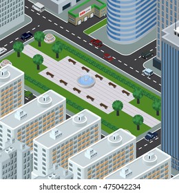 Isometric vector illustration of city in top perspective view, park, cars, roads, trees, buildings, cityscape, fountain, children attractions, car service