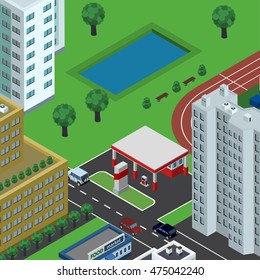 Isometric vector illustration of city in top perspective view, cars, roads, trees, buildings, cityscape, pool, gas station, food market, stadium.