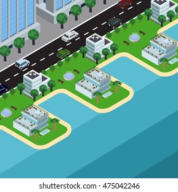 Isometric vector illustration of city in top perspective view, business centers, cars, roads, trees, buildings, cityscape, sea, park, fountain.