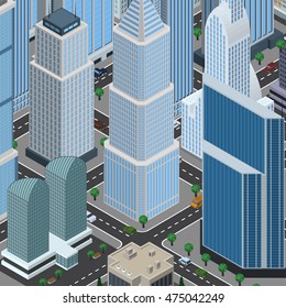 Isometric vector illustration of city in top perspective view, business centers, skyscrapers , cars, roads, trees, buildings, cityscape, park.