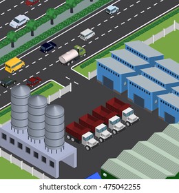 Isometric vector illustration of city in top perspective view, factory, tracks , cars, roads, buildings, cityscape. 