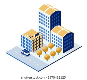 Isometric vector illustration of a cityscape with modern office buildings and a delivery van driving on the street