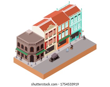 Isometric Vector Illustration of Classic Colonial Buildings in China Town Area Including Shops, Stores, and Cafe or Bar