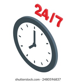 Ilustración vectorial isométrica de un reloj con 247 rojo, que simboliza la operación o el servicio continuo