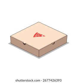 Eine isometrische Vektorgrafik einer geschlossenen Pizzakiste aus Pappe mit einem kleinen Pizzaschnittsymbol auf dem Deckel, das die Fast-Food-Lieferung darstellt.
