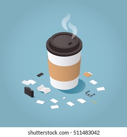 Isometric vector illustration of coffee break during working day concept. Big cup of hot coffee surrounded by small business man tools: paper, document, glasses, case, phone, pen, folder, stock rates.