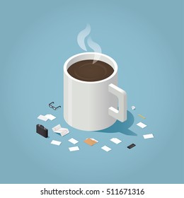 Isometric vector illustration of coffee break during working day concept. Big cup of hot coffee surrounded by small business man tools: paper, document, glasses, case, phone, pen, folder, stock rates.