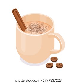 Isometric vector illustration of a coffee mug filled with latte topped with cinnamon stick and coffee beans. Warm hot beverage concept for cafe menu branding packaging and digital design use.
