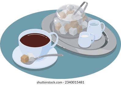 Isometric vector illustration of coffee, sugar and milk