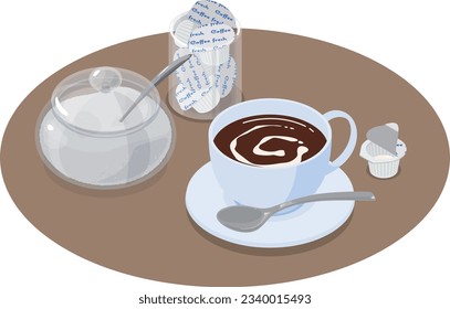 Isometric vector illustration of coffee, sugar and milk