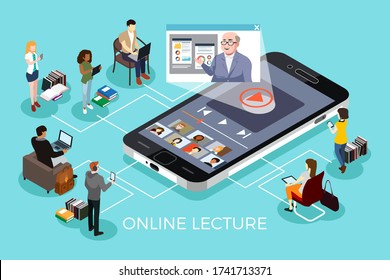 An isometric vector illustration of College Students Learning Online Education 