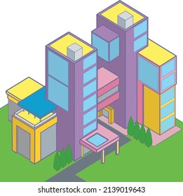 an isometric vector illustration of  a colorful building 
