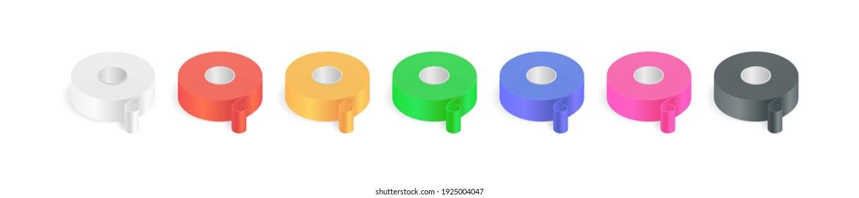 Isometric vector illustration colorful masking tape rolls isolated on white background. Set of realistic insulation duct tape rolls icons in flat cartoon style. Set of colorful rolls adhesive tape.